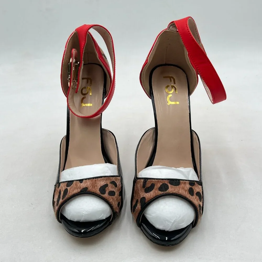 Leopard Print Red Ankle-Strap Stiletto Sandals - Picture 2 of 7